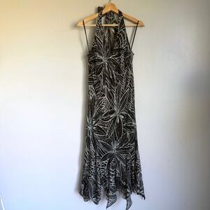 Y2K Cato Womens 14 Black White Floral Sequin Halter Handkerchief Hem Midi Dress